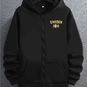Sweden & Flag Emblem Black Full Zip Hoodie Sweatshirt ~ L